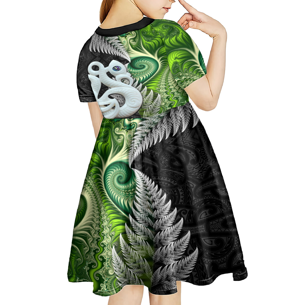 New Zealand Koru Natural Kid Short Sleeve Dress Manaia and Silver Fern Maori Pattern LT03 - Polynesian Pride