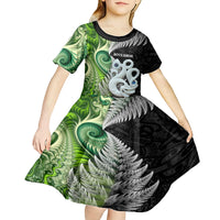 New Zealand Koru Natural Kid Short Sleeve Dress Manaia and Silver Fern Maori Pattern LT03 - Polynesian Pride