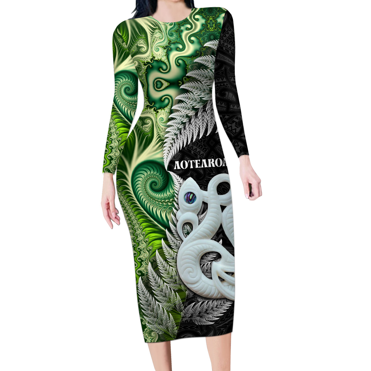 New Zealand Koru Natural Long Sleeve Bodycon Dress Manaia and Silver Fern Maori Pattern LT03 Long Dress Black - Polynesian Pride