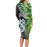 New Zealand Koru Natural Long Sleeve Bodycon Dress Manaia and Silver Fern Maori Pattern LT03 - Polynesian Pride