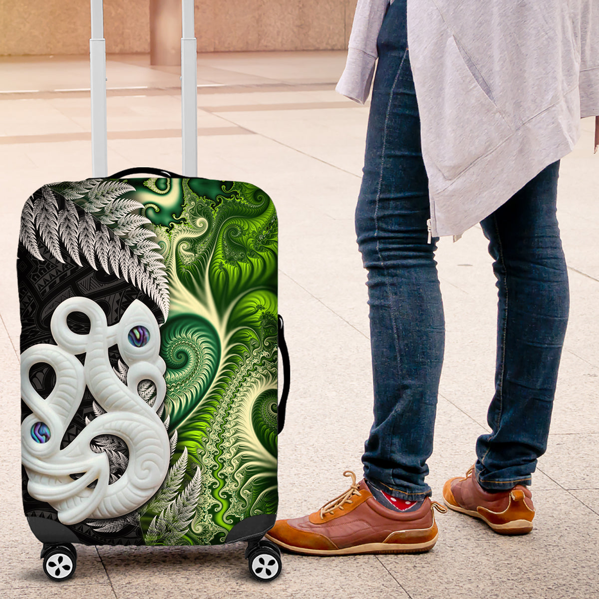 New Zealand Koru Natural Luggage Cover Manaia and Silver Fern Maori Pattern