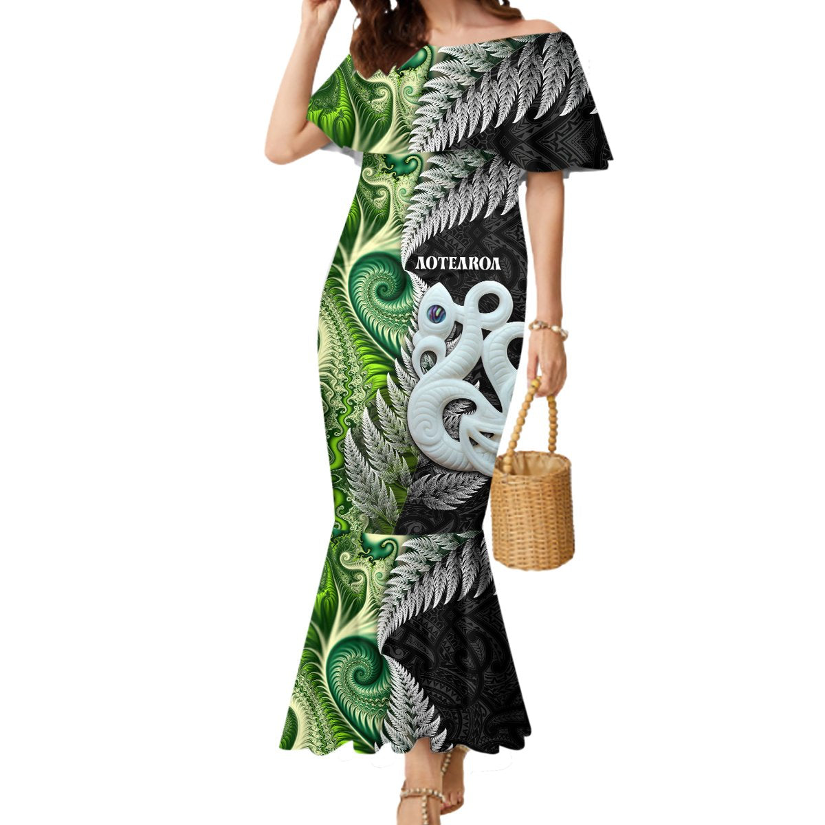 New Zealand Koru Natural Mermaid Dress Manaia and Silver Fern Maori Pattern LT03 Women Black - Polynesian Pride