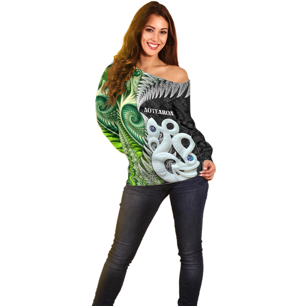 New Zealand Koru Natural Off Shoulder Sweater Manaia and Silver Fern Maori Pattern
