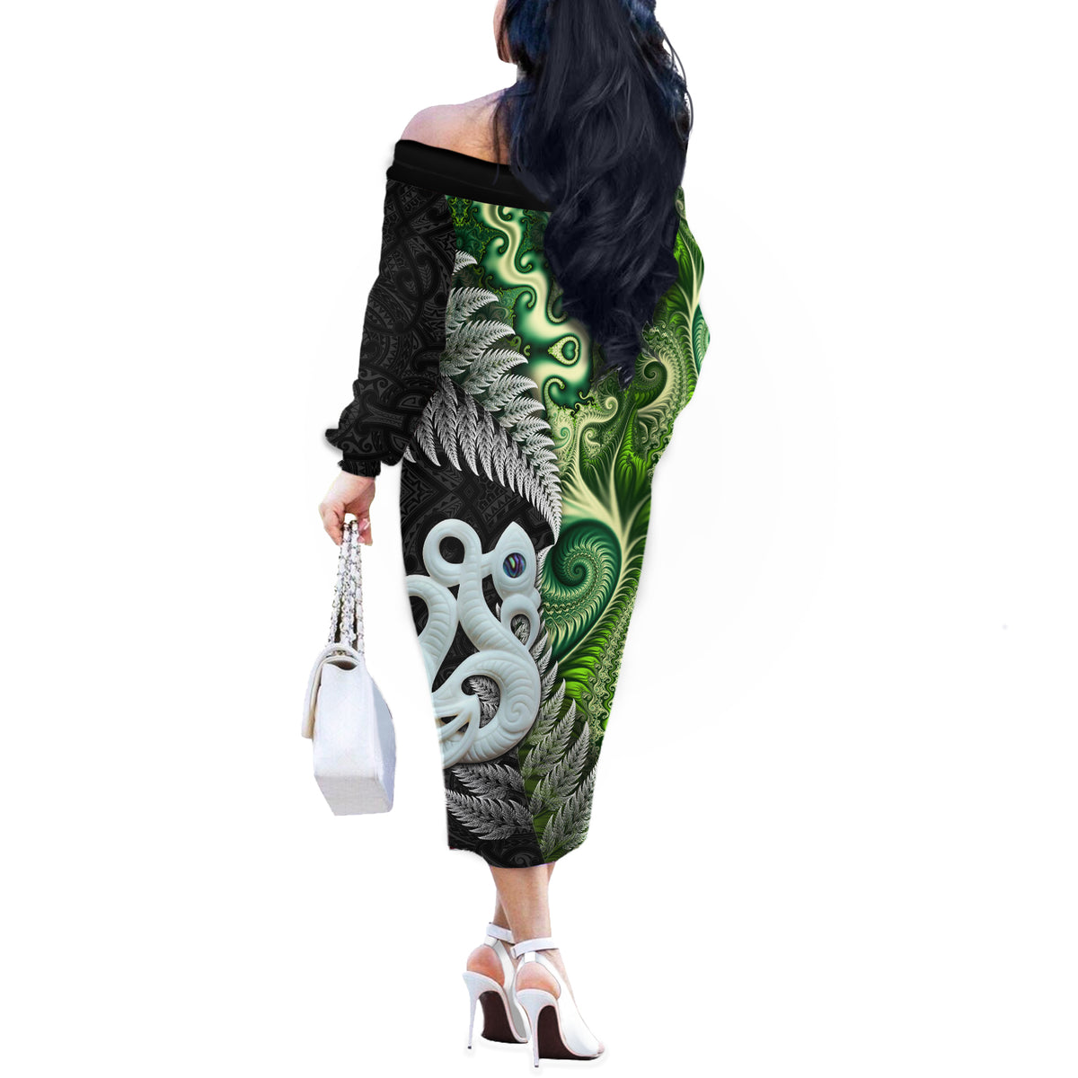 New Zealand Koru Natural Off The Shoulder Long Sleeve Dress Manaia and Silver Fern Maori Pattern LT03 - Polynesian Pride