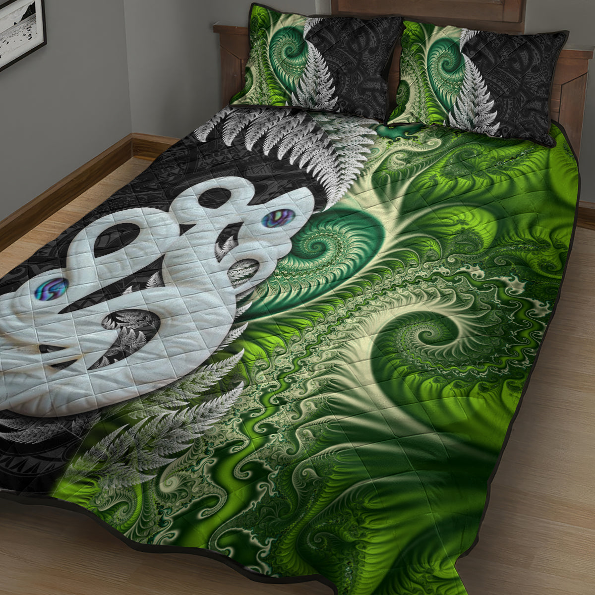 New Zealand Koru Natural Quilt Bed Set Manaia and Silver Fern Maori Pattern