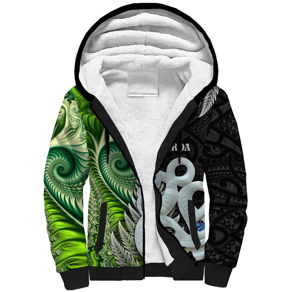 New Zealand Koru Natural Sherpa Hoodie Manaia and Silver Fern Maori Pattern LT03 Unisex Black - Polynesian Pride