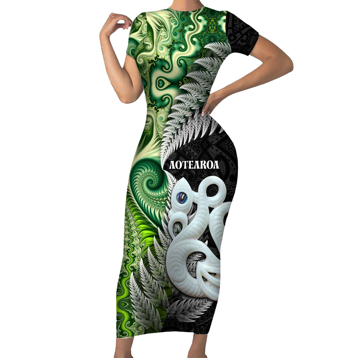 New Zealand Koru Natural Short Sleeve Bodycon Dress Manaia and Silver Fern Maori Pattern LT03 Long Dress Black - Polynesian Pride