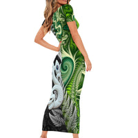 New Zealand Koru Natural Short Sleeve Bodycon Dress Manaia and Silver Fern Maori Pattern LT03 - Polynesian Pride