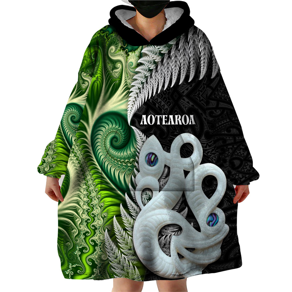 New Zealand Koru Natural Wearable Blanket Hoodie Manaia and Silver Fern Maori Pattern LT03 - Polynesian Pride