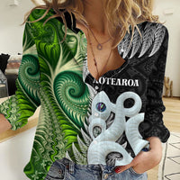 New Zealand Koru Natural Women Casual Shirt Manaia and Silver Fern Maori Pattern LT03 Female Black - Polynesian Pride