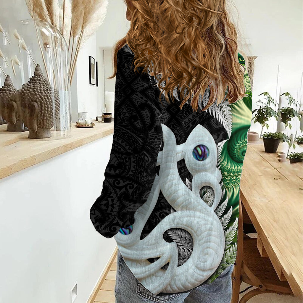 New Zealand Koru Natural Women Casual Shirt Manaia and Silver Fern Maori Pattern LT03 - Polynesian Pride
