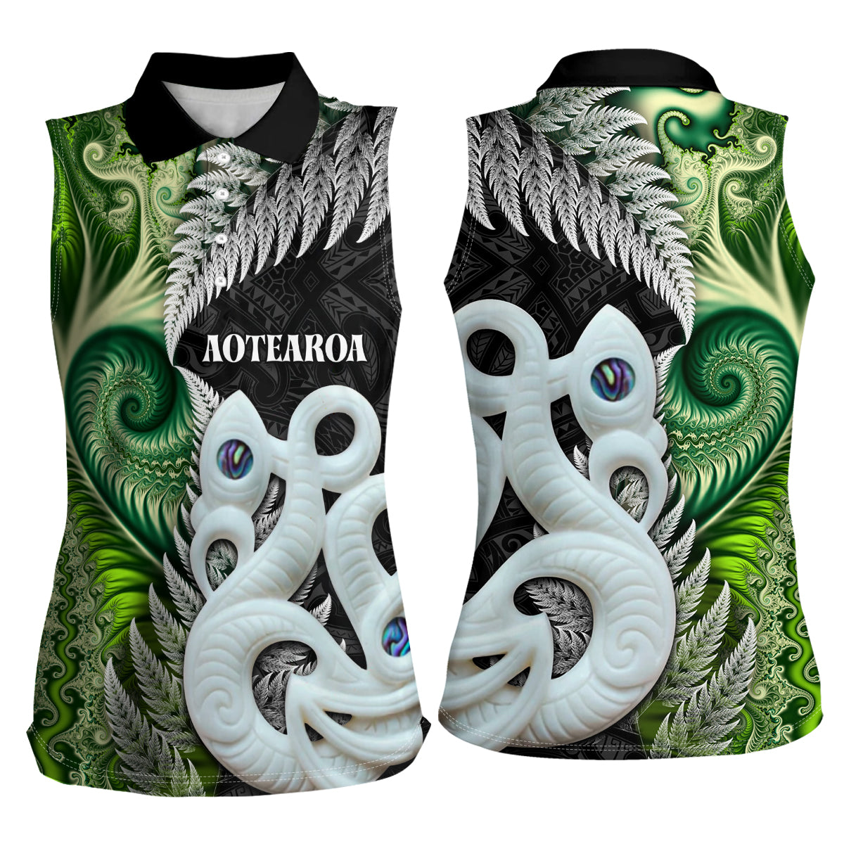New Zealand Koru Natural Women Sleeveless Polo Shirt - Manaia and Silver Fern Maori Pattern LT03 - Polynesian Pride