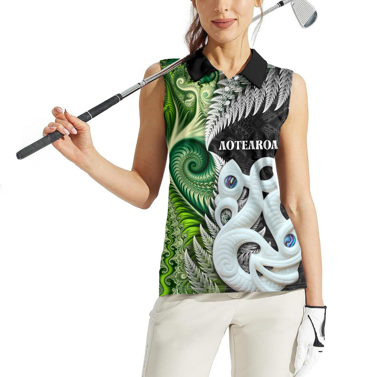 New Zealand Koru Natural Women Sleeveless Polo Shirt - Manaia and Silver Fern Maori Pattern LT03 - Polynesian Pride