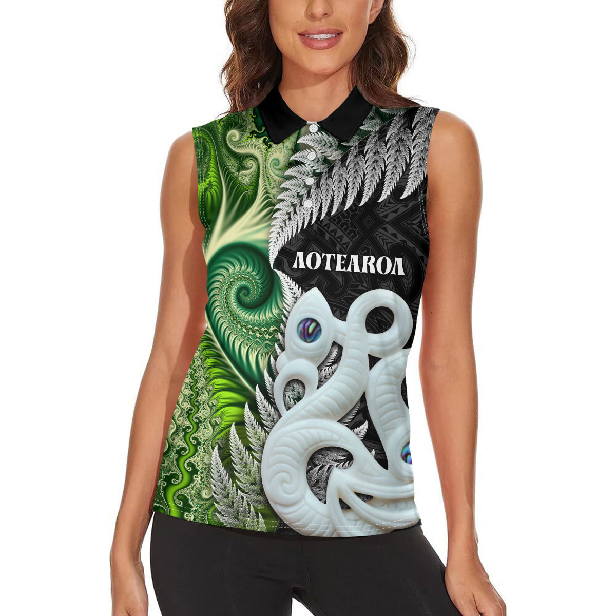 New Zealand Koru Natural Women Sleeveless Polo Shirt - Manaia and Silver Fern Maori Pattern LT03 - Polynesian Pride