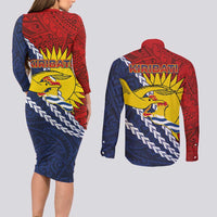 Kiribati Independence Day Couples Matching Long Sleeve Bodycon Dress and Long Sleeve Button Shirt Polynesian and Melanesian Art Tattoo LT03 - Polynesian Pride