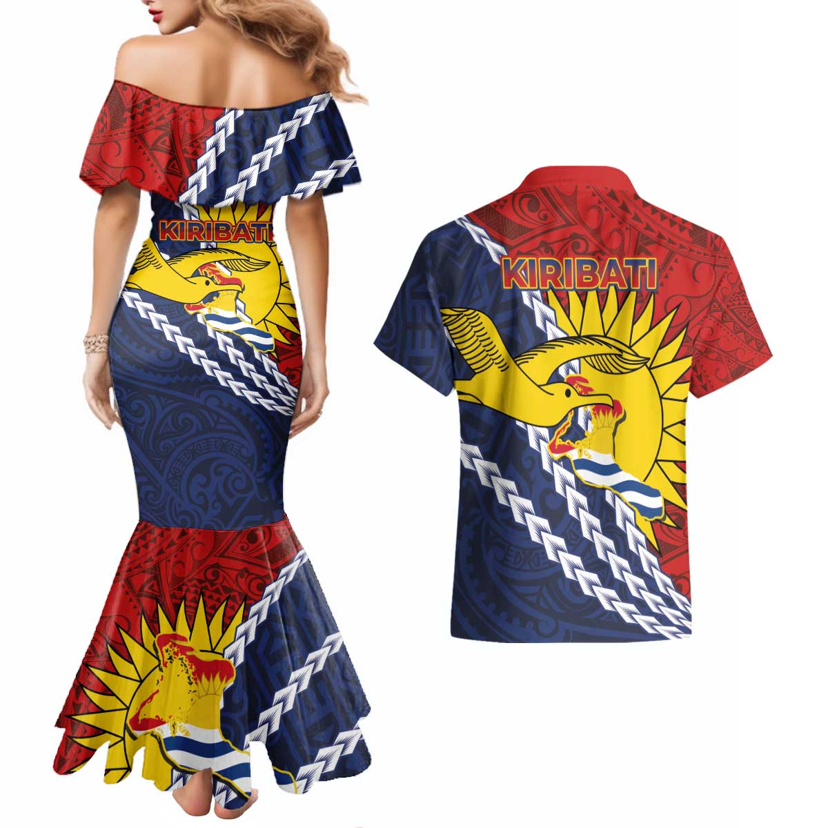 Kiribati Independence Day Couples Matching Mermaid Dress and Hawaiian Shirt Polynesian and Melanesian Art Tattoo LT03 - Polynesian Pride