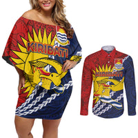 Kiribati Independence Day Couples Matching Off Shoulder Short Dress and Long Sleeve Button Shirt Polynesian and Melanesian Art Tattoo LT03 Red - Polynesian Pride