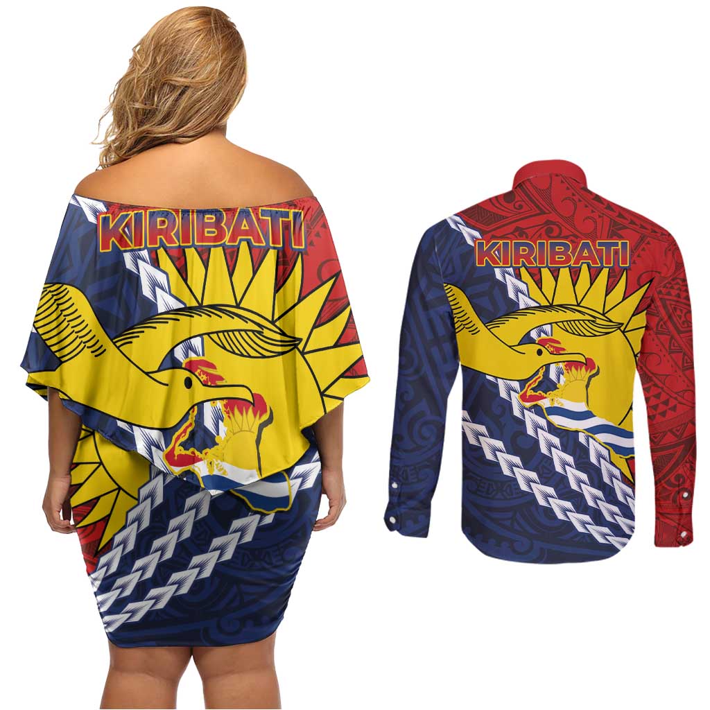 Kiribati Independence Day Couples Matching Off Shoulder Short Dress and Long Sleeve Button Shirt Polynesian and Melanesian Art Tattoo LT03 - Polynesian Pride