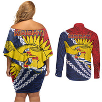 Kiribati Independence Day Couples Matching Off Shoulder Short Dress and Long Sleeve Button Shirt Polynesian and Melanesian Art Tattoo LT03 - Polynesian Pride