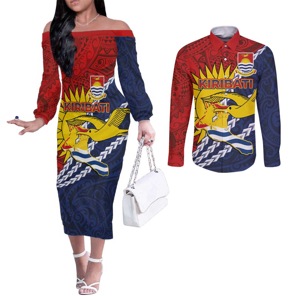 Kiribati Independence Day Couples Matching Off The Shoulder Long Sleeve Dress and Long Sleeve Button Shirt Polynesian and Melanesian Art Tattoo LT03 Red - Polynesian Pride