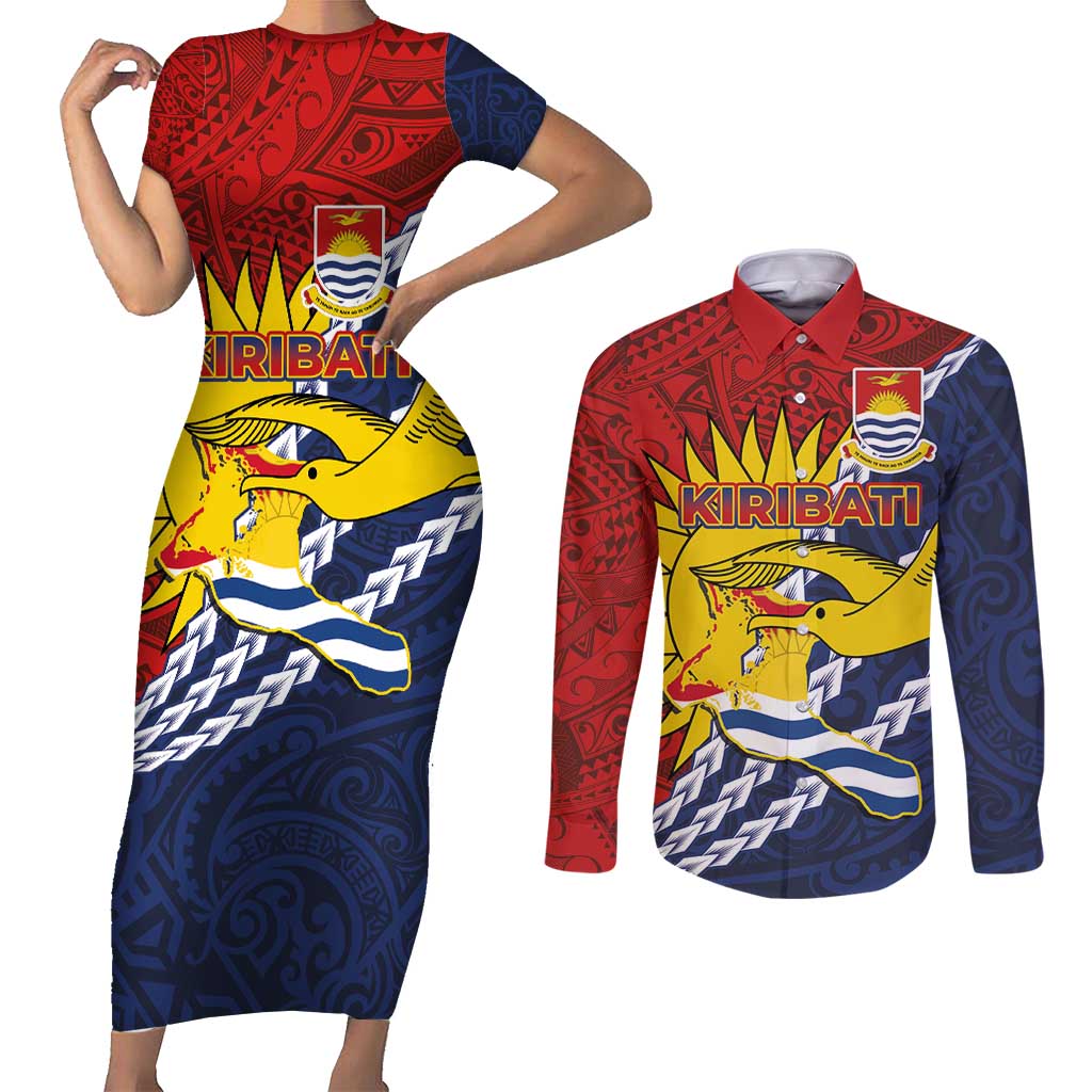 Kiribati Independence Day Couples Matching Short Sleeve Bodycon Dress and Long Sleeve Button Shirt Polynesian and Melanesian Art Tattoo LT03 Red - Polynesian Pride