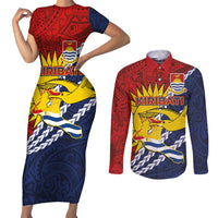 Kiribati Independence Day Couples Matching Short Sleeve Bodycon Dress and Long Sleeve Button Shirt Polynesian and Melanesian Art Tattoo LT03 Red - Polynesian Pride
