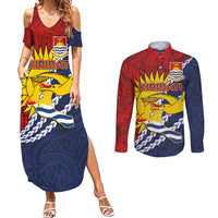 Kiribati Independence Day Couples Matching Summer Maxi Dress and Long Sleeve Button Shirt Polynesian and Melanesian Art Tattoo LT03 Red - Polynesian Pride