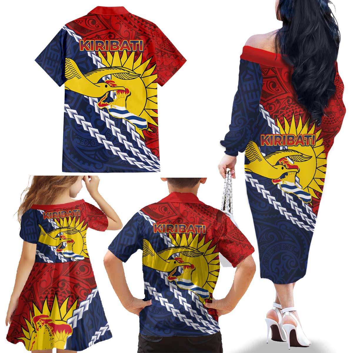 Kiribati Independence Day Family Matching Off The Shoulder Long Sleeve Dress and Hawaiian Shirt Polynesian and Melanesian Art Tattoo LT03 - Polynesian Pride