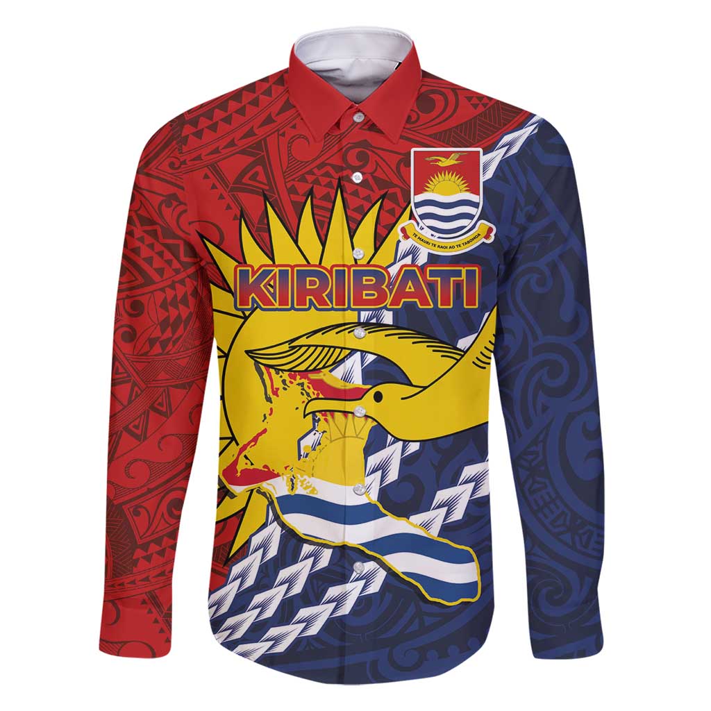 Kiribati Independence Day Family Matching Off Shoulder Maxi Dress and Hawaiian Shirt Polynesian and Melanesian Art Tattoo LT03 Dad's Shirt - Long Sleeve Red - Polynesian Pride