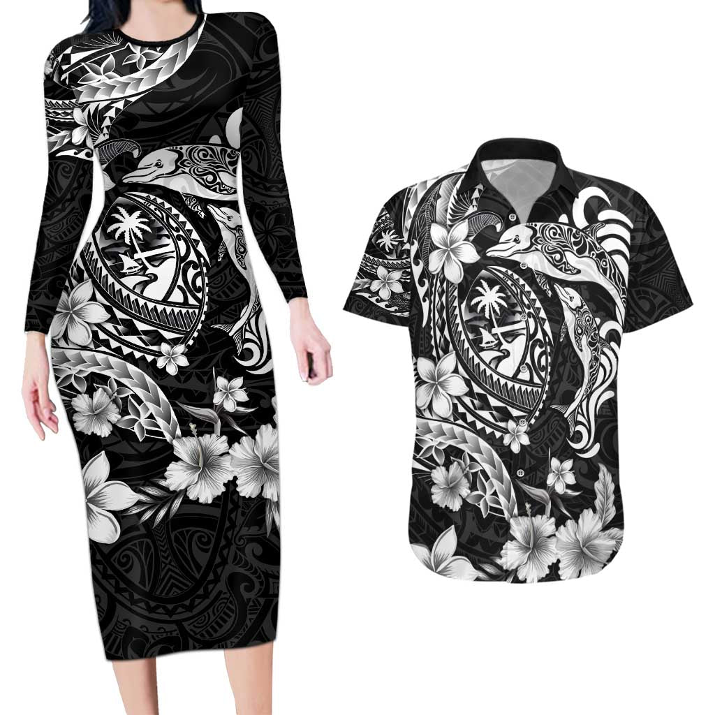 Guam Dolphins Tribal Tattoo Couples Matching Long Sleeve Bodycon Dress and Hawaiian Shirt Polynesian Art and Tropical Flower Grayscale LT03 Black - Polynesian Pride