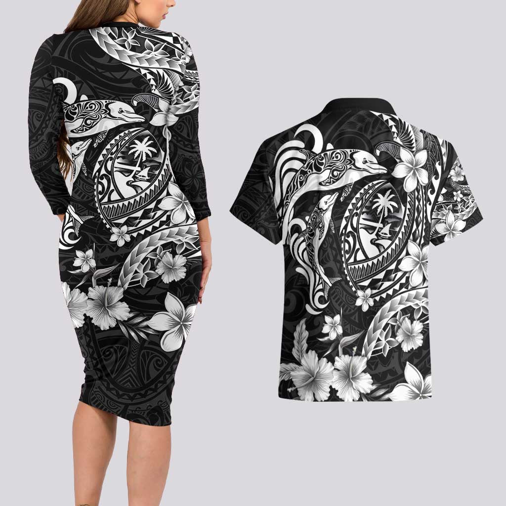 Guam Dolphins Tribal Tattoo Couples Matching Long Sleeve Bodycon Dress and Hawaiian Shirt Polynesian Art and Tropical Flower Grayscale LT03 - Polynesian Pride