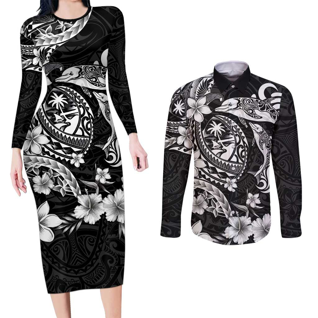 Guam Dolphins Tribal Tattoo Couples Matching Long Sleeve Bodycon Dress and Long Sleeve Button Shirt Polynesian Art and Tropical Flower Grayscale LT03 Black - Polynesian Pride