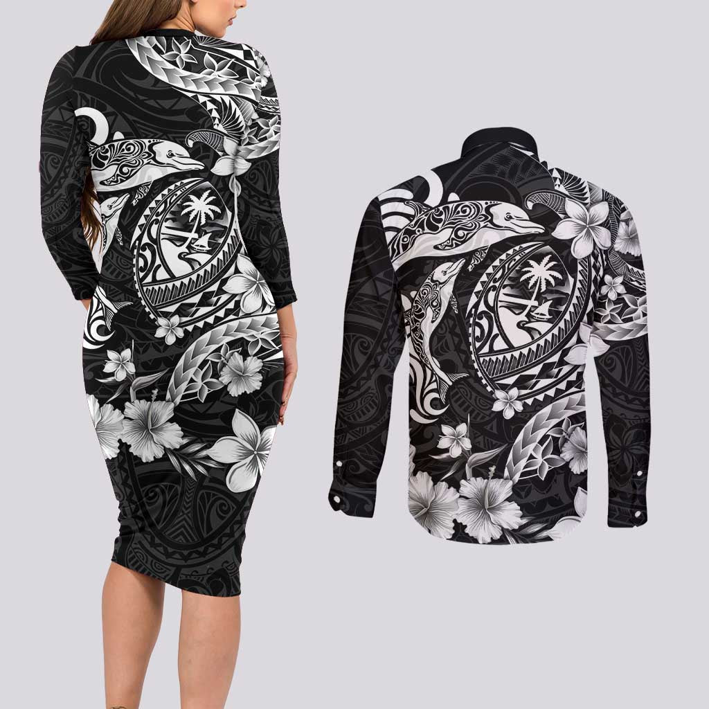 Guam Dolphins Tribal Tattoo Couples Matching Long Sleeve Bodycon Dress and Long Sleeve Button Shirt Polynesian Art and Tropical Flower Grayscale LT03 - Polynesian Pride