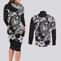 Guam Dolphins Tribal Tattoo Couples Matching Long Sleeve Bodycon Dress and Long Sleeve Button Shirt Polynesian Art and Tropical Flower Grayscale LT03 - Polynesian Pride