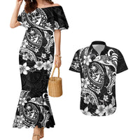 Guam Dolphins Tribal Tattoo Couples Matching Mermaid Dress and Hawaiian Shirt Polynesian Art and Tropical Flower Grayscale LT03 Black - Polynesian Pride