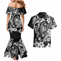 Guam Dolphins Tribal Tattoo Couples Matching Mermaid Dress and Hawaiian Shirt Polynesian Art and Tropical Flower Grayscale LT03 - Polynesian Pride