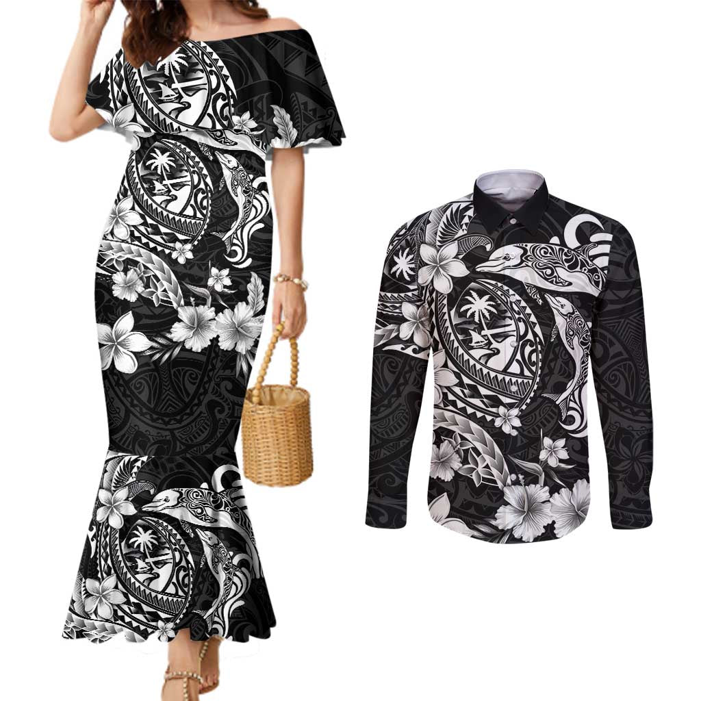 Guam Dolphins Tribal Tattoo Couples Matching Mermaid Dress and Long Sleeve Button Shirt Polynesian Art and Tropical Flower Grayscale LT03 Black - Polynesian Pride