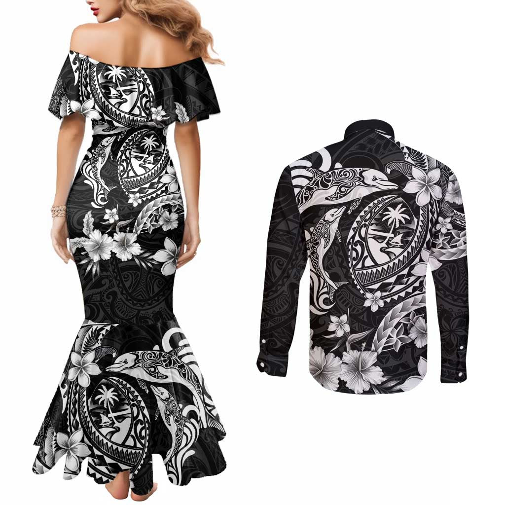 Guam Dolphins Tribal Tattoo Couples Matching Mermaid Dress and Long Sleeve Button Shirt Polynesian Art and Tropical Flower Grayscale LT03 - Polynesian Pride