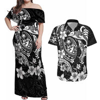 Guam Dolphins Tribal Tattoo Couples Matching Off Shoulder Maxi Dress and Hawaiian Shirt Polynesian Art and Tropical Flower Grayscale LT03 Black - Polynesian Pride