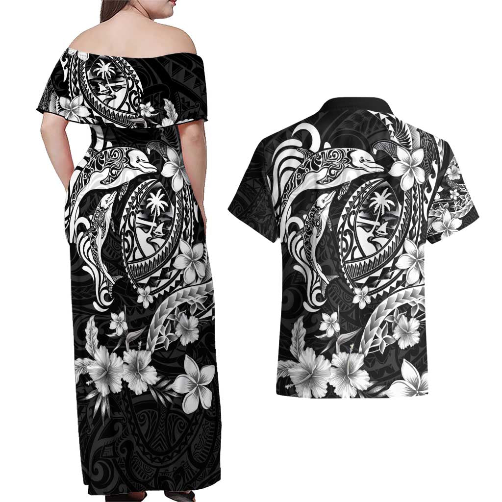 Guam Dolphins Tribal Tattoo Couples Matching Off Shoulder Maxi Dress and Hawaiian Shirt Polynesian Art and Tropical Flower Grayscale LT03 - Polynesian Pride