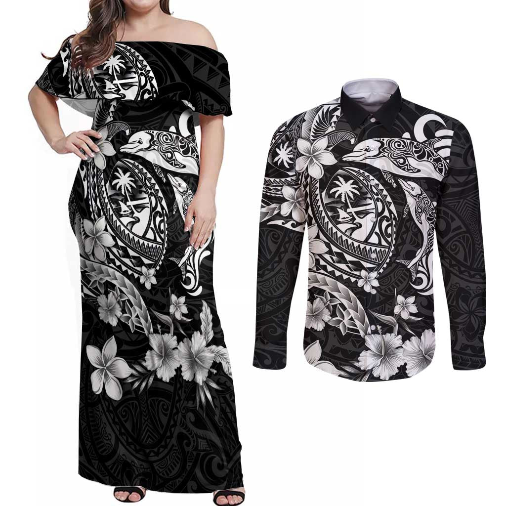 Guam Dolphins Tribal Tattoo Couples Matching Off Shoulder Maxi Dress and Long Sleeve Button Shirt Polynesian Art and Tropical Flower Grayscale LT03 Black - Polynesian Pride