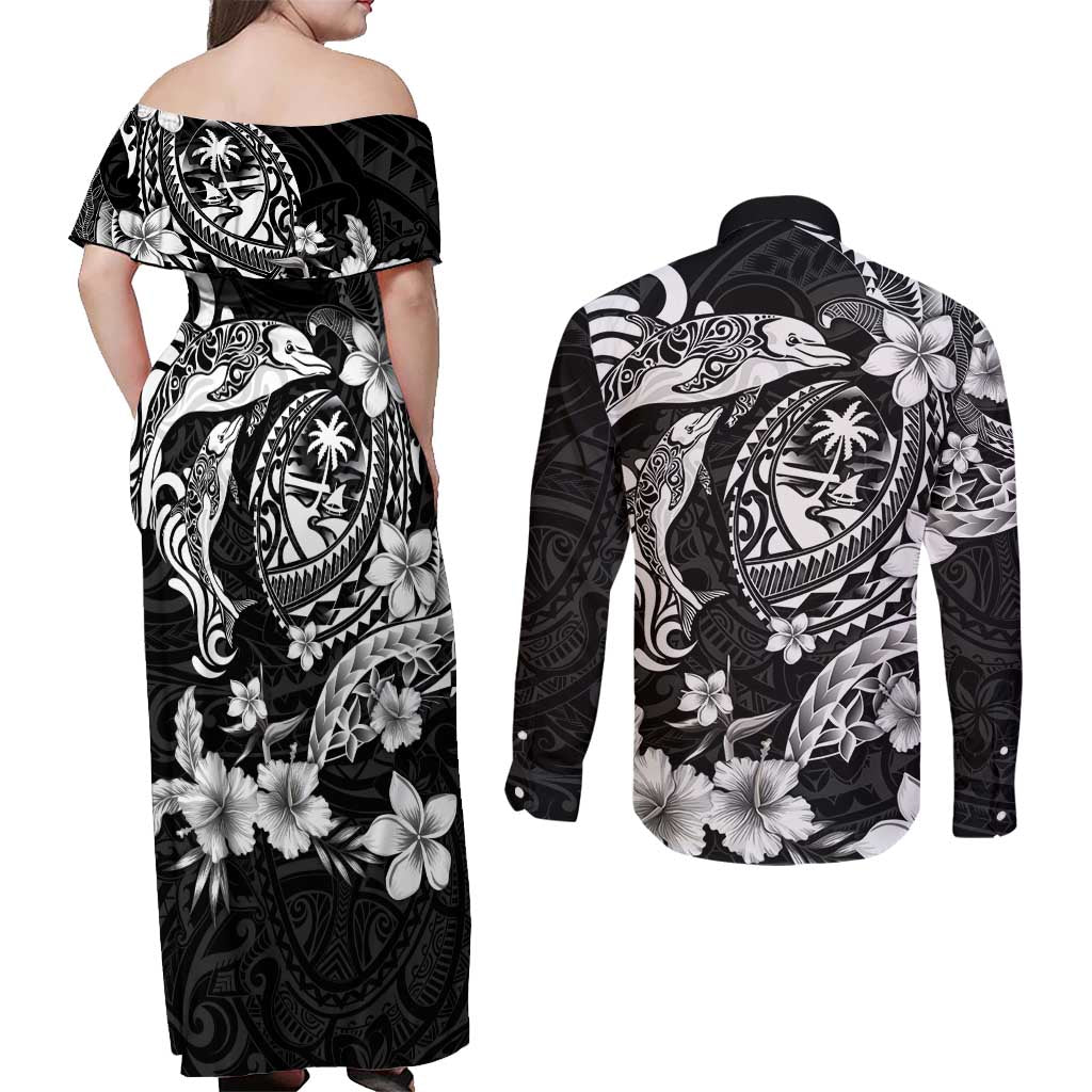 Guam Dolphins Tribal Tattoo Couples Matching Off Shoulder Maxi Dress and Long Sleeve Button Shirt Polynesian Art and Tropical Flower Grayscale LT03 - Polynesian Pride