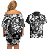 Guam Dolphins Tribal Tattoo Couples Matching Off Shoulder Short Dress and Hawaiian Shirt Polynesian Art and Tropical Flower Grayscale LT03 - Polynesian Pride