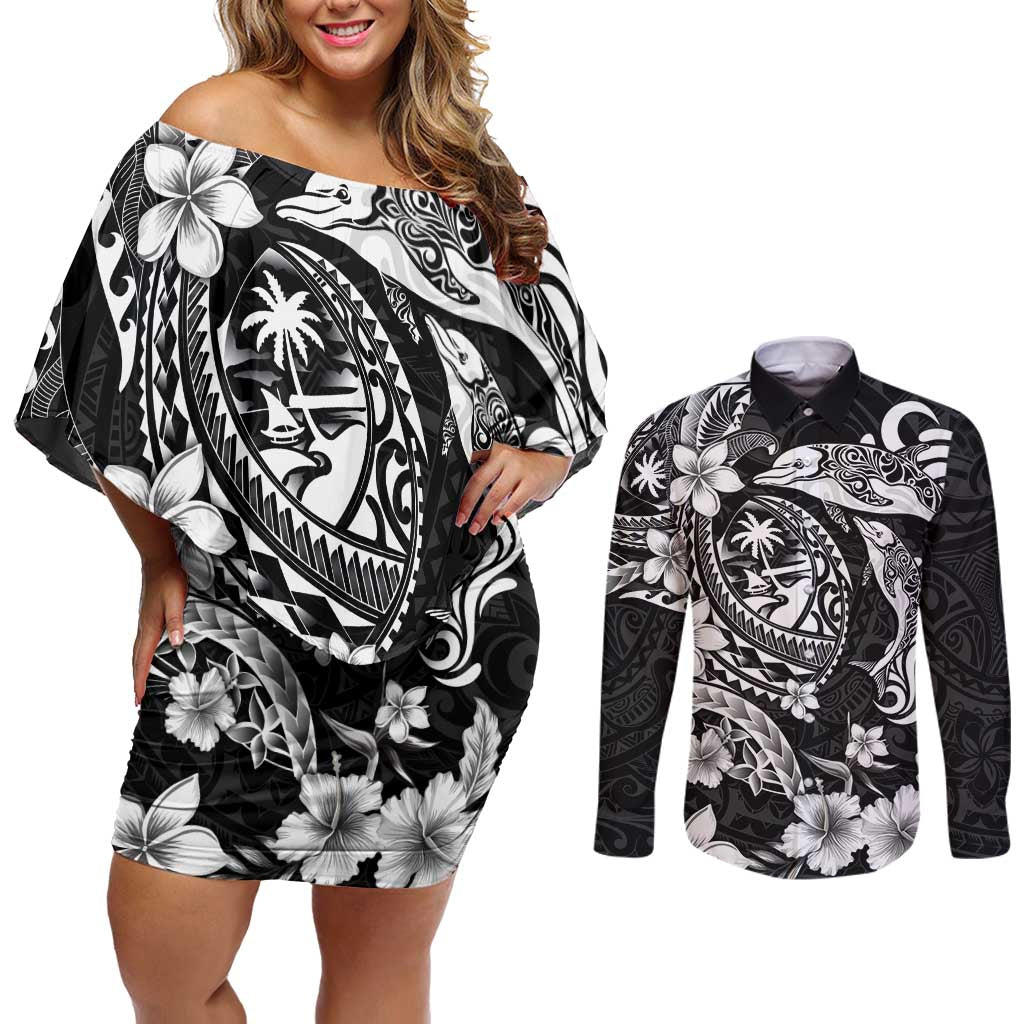 Guam Dolphins Tribal Tattoo Couples Matching Off Shoulder Short Dress and Long Sleeve Button Shirt Polynesian Art and Tropical Flower Grayscale LT03 Black - Polynesian Pride