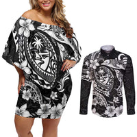 Guam Dolphins Tribal Tattoo Couples Matching Off Shoulder Short Dress and Long Sleeve Button Shirt Polynesian Art and Tropical Flower Grayscale LT03 Black - Polynesian Pride