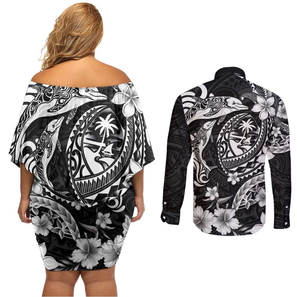 Guam Dolphins Tribal Tattoo Couples Matching Off Shoulder Short Dress and Long Sleeve Button Shirt Polynesian Art and Tropical Flower Grayscale LT03 - Polynesian Pride