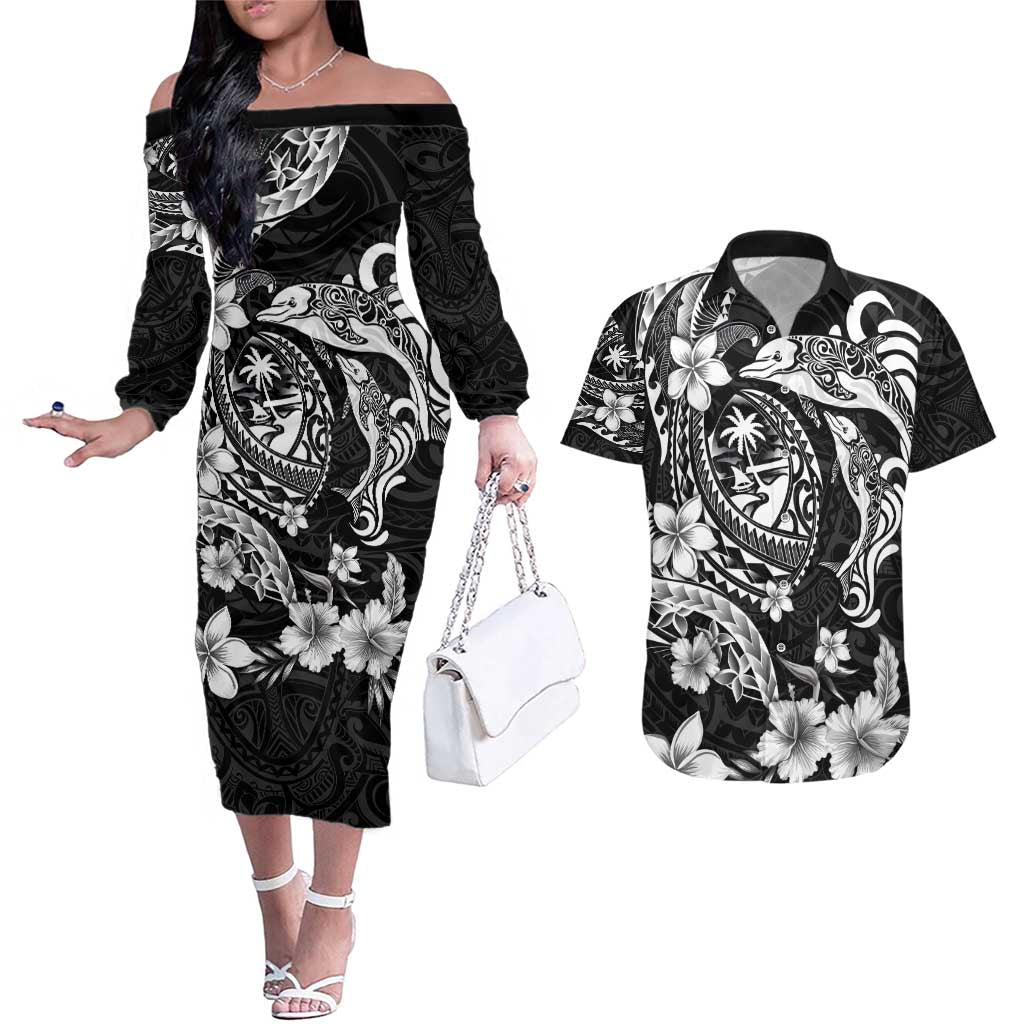 Guam Dolphins Tribal Tattoo Couples Matching Off The Shoulder Long Sleeve Dress and Hawaiian Shirt Polynesian Art and Tropical Flower Grayscale LT03 Black - Polynesian Pride