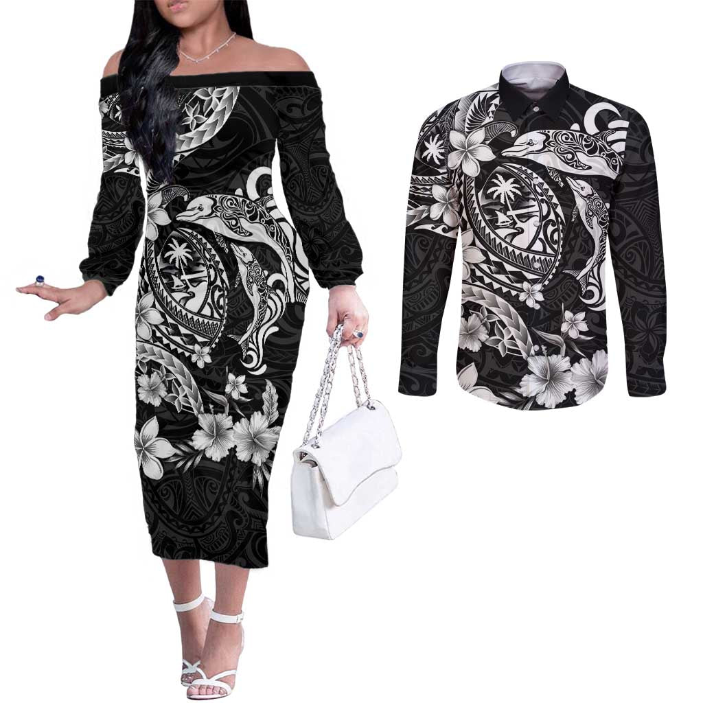 Guam Dolphins Tribal Tattoo Couples Matching Off The Shoulder Long Sleeve Dress and Long Sleeve Button Shirt Polynesian Art and Tropical Flower Grayscale LT03 Black - Polynesian Pride