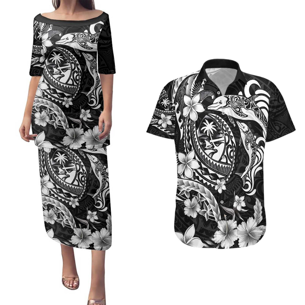 Guam Dolphins Tribal Tattoo Couples Matching Puletasi and Hawaiian Shirt Polynesian Art and Tropical Flower Grayscale LT03 Black - Polynesian Pride