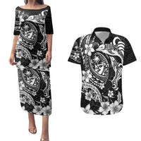 Guam Dolphins Tribal Tattoo Couples Matching Puletasi and Hawaiian Shirt Polynesian Art and Tropical Flower Grayscale LT03 Black - Polynesian Pride